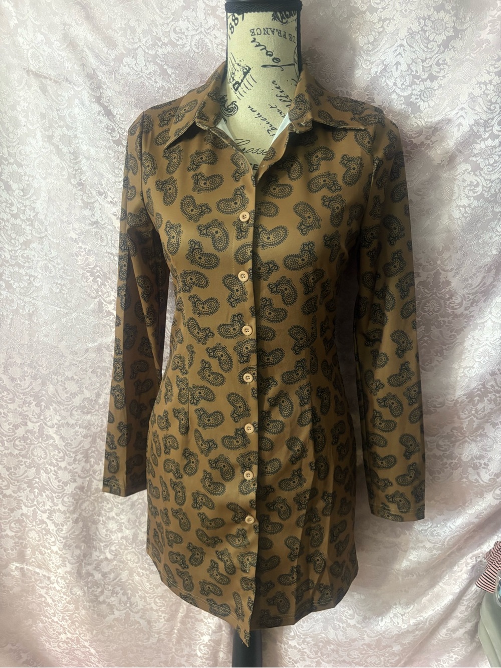 Brown Paisley Button-Front Tunic Shirt
